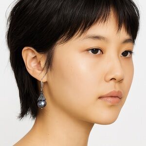 Pearl 925 Sterling Silver Gray Pearl Drop and Swarovski Crystal Earrings NEW